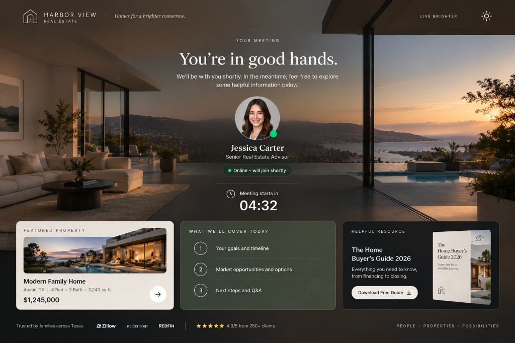 Harbor View real-estate Lobbi with a personal advisor, featured property, meeting agenda, and buyer guide