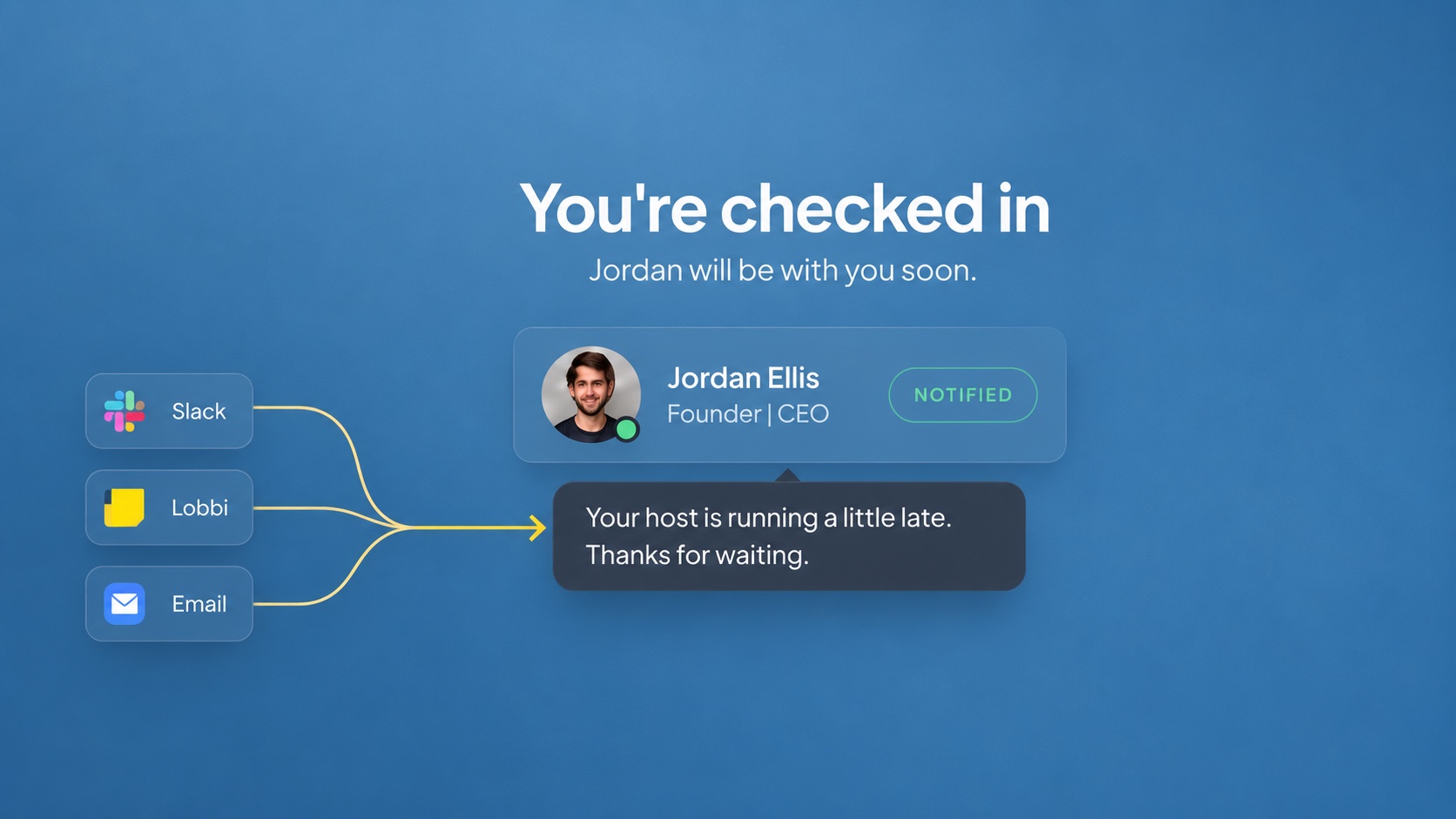 A running late note appears as a small pop-up below the host card in the guest waiting room